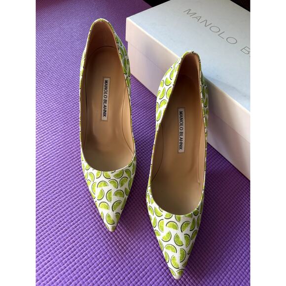 $745 Manolo Blahnik Pumps Size 37 EU 7 US NEW White Green Linen Limes - Picture 5 of 12